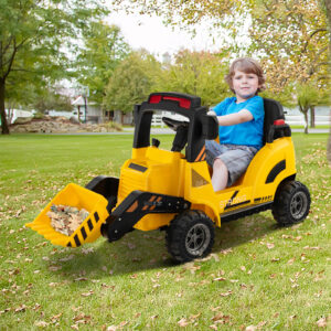 COSTWAY 12V Kids Ride On Construction Tractor, Battery Powered Toy Excavator w/ Electric Bucket, Slow Start Function, Horn & Music, Tail LED Lights, Gift for 3-7 Years Old Toddlers, Yellow