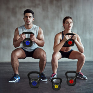 FITVIDS Wide Grip three-piece Kettlebell Exercise Fitness weight sets, consisting of 5 lb., 10 lb., 15 lb., and 20 lb., in sets of 3 or 4 for complete fitness training