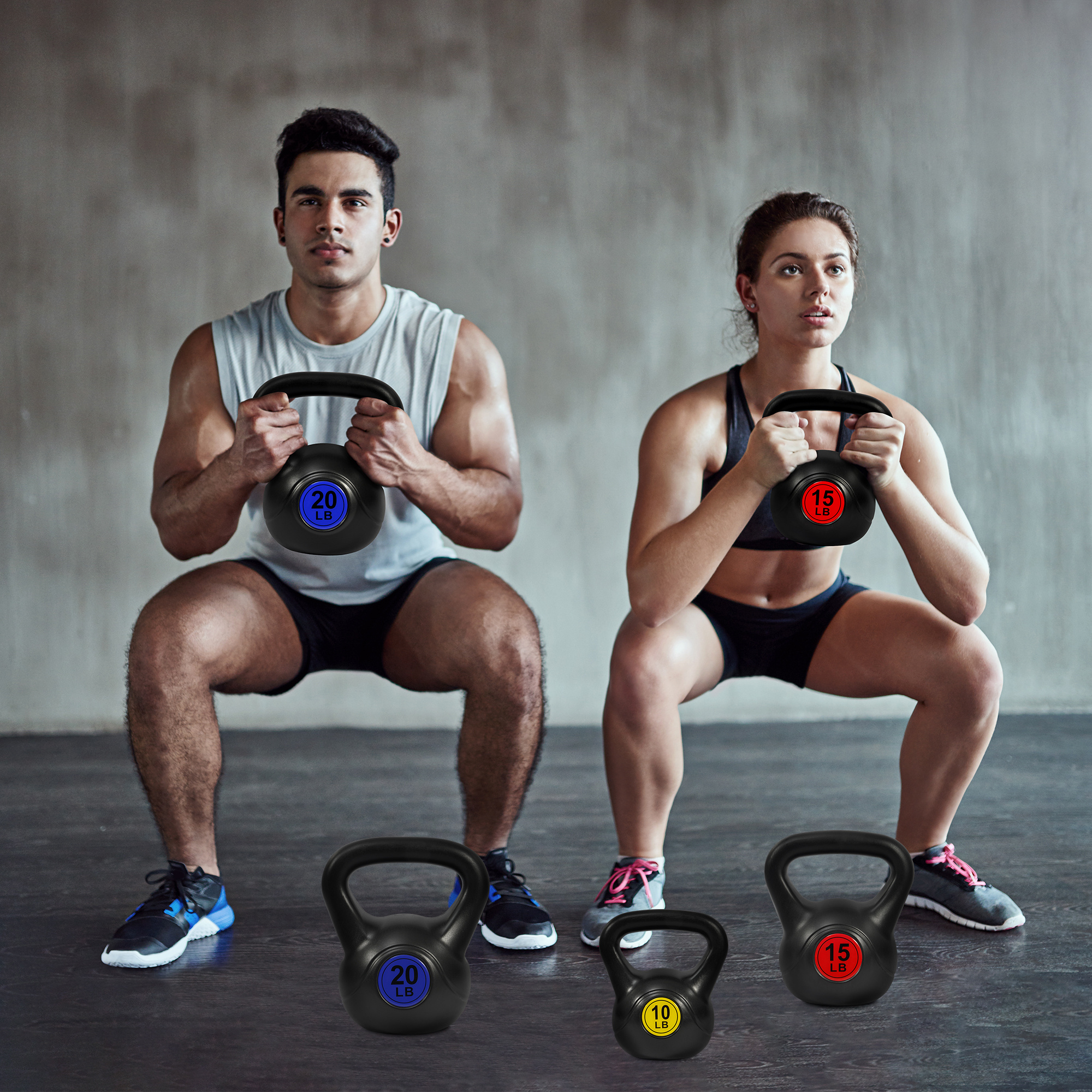 FITVIDS Wide Grip three-piece Kettlebell Exercise Fitness weight sets, consisting of 5 lb., 10 lb., 15 lb., and 20 lb., in sets of 3 or 4 for complete fitness training