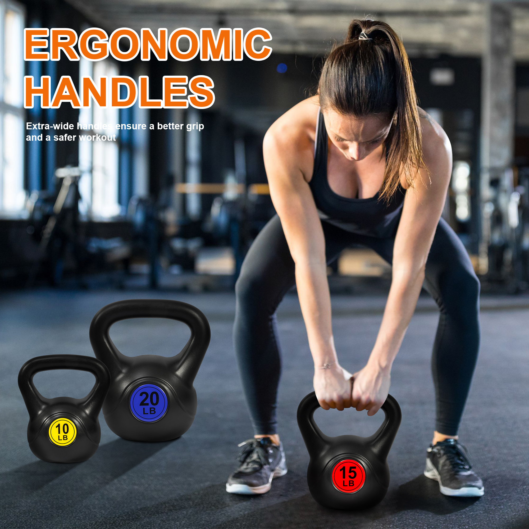 FITVIDS Wide Grip three-piece Kettlebell Exercise Fitness weight sets, consisting of 5 lb., 10 lb., 15 lb., and 20 lb., in sets of 3 or 4 for complete fitness training - Image 4