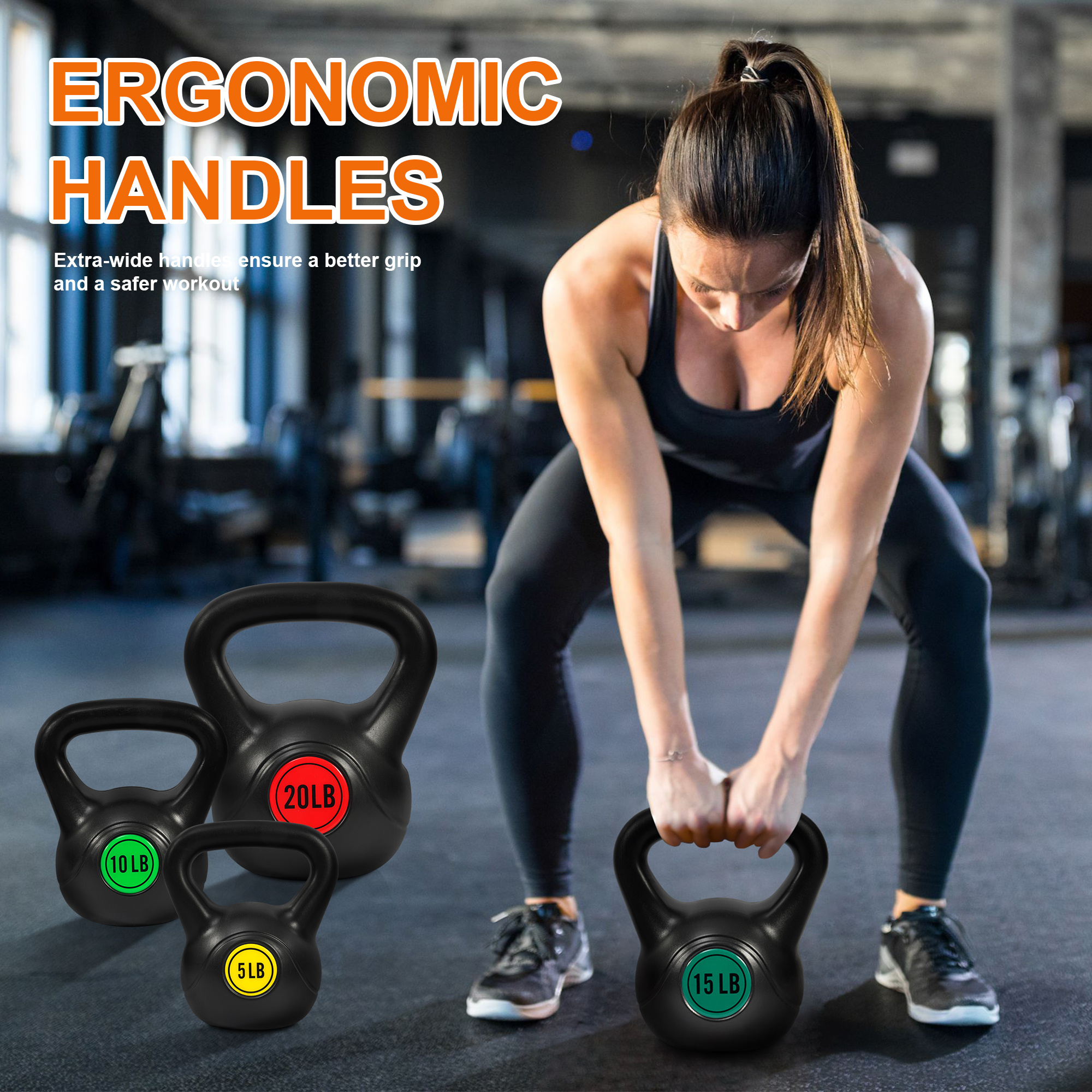 FITVIDS Wide Grip three-piece Kettlebell Exercise Fitness weight sets, consisting of 5 lb., 10 lb., 15 lb., and 20 lb., in sets of 3 or 4 for complete fitness training - Image 3