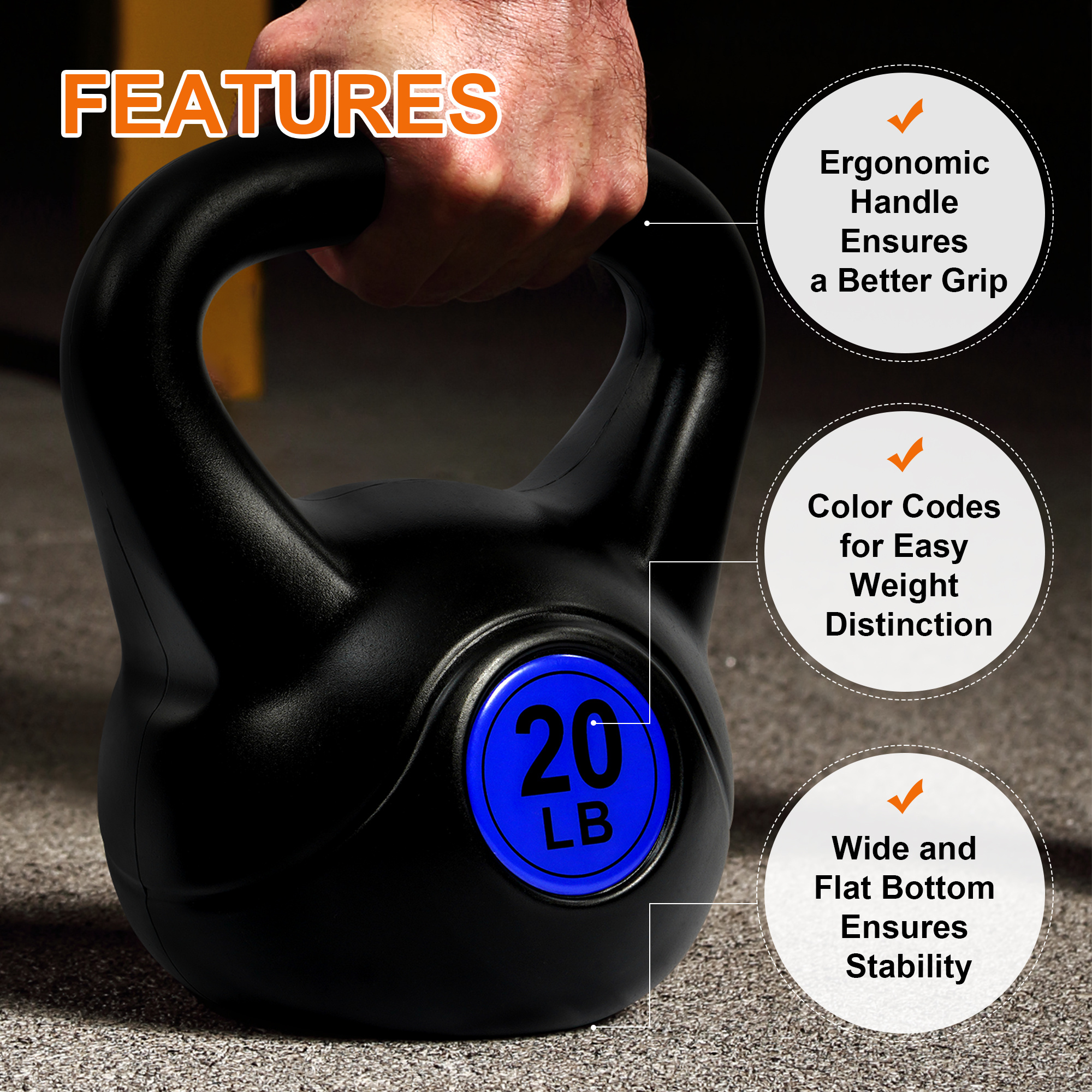 FITVIDS Wide Grip three-piece Kettlebell Exercise Fitness weight sets, consisting of 5 lb., 10 lb., 15 lb., and 20 lb., in sets of 3 or 4 for complete fitness training - Image 15