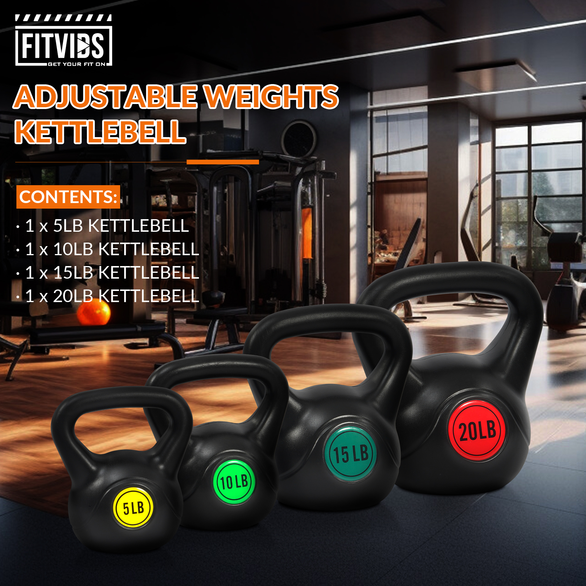 FITVIDS Wide Grip three-piece Kettlebell Exercise Fitness weight sets, consisting of 5 lb., 10 lb., 15 lb., and 20 lb., in sets of 3 or 4 for complete fitness training - Image 2