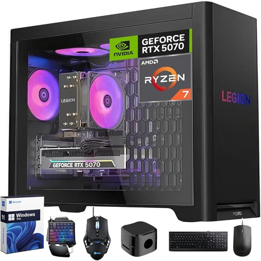 Lenovo Legion Tower 5 Gaming Desktop, AMD Ryzen 7 7800X3D (Up to 5 GHz), NVIDIA GeForce RTX 5070 12GB GDDR7, 32GB DDR5 5600MT/s, 2TB SSD, 2TB HDD, Whisper-Quiet Cooling, Windows 11 Pro, Accessories