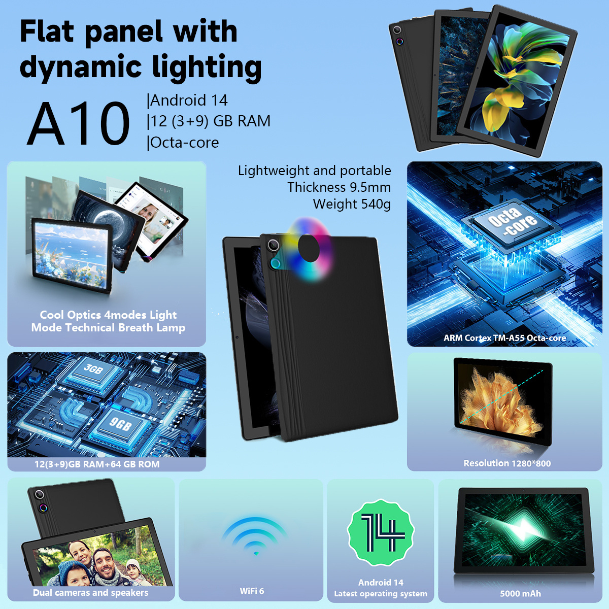AEEZO Android 14 Tablet with Face Unlock, 10.1 Inch HD Display, Octa-Core Processor, 12GB RAM, 64GB ROM, 1TB Expandable Storage, 5000mAh Battery, 5MP+8MP Cameras, Includes Headphones, Wireless Mouse, Keyboard, Stylus, and Case christmas gifts - Image 9