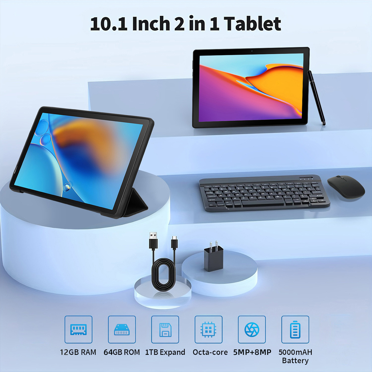 AEEZO Android 14 Tablet with Face Unlock, 10.1 Inch HD Display, Octa-Core Processor, 12GB RAM, 64GB ROM, 1TB Expandable Storage, 5000mAh Battery, 5MP+8MP Cameras, Includes Headphones, Wireless Mouse, Keyboard, Stylus, and Case christmas gifts - Image 7