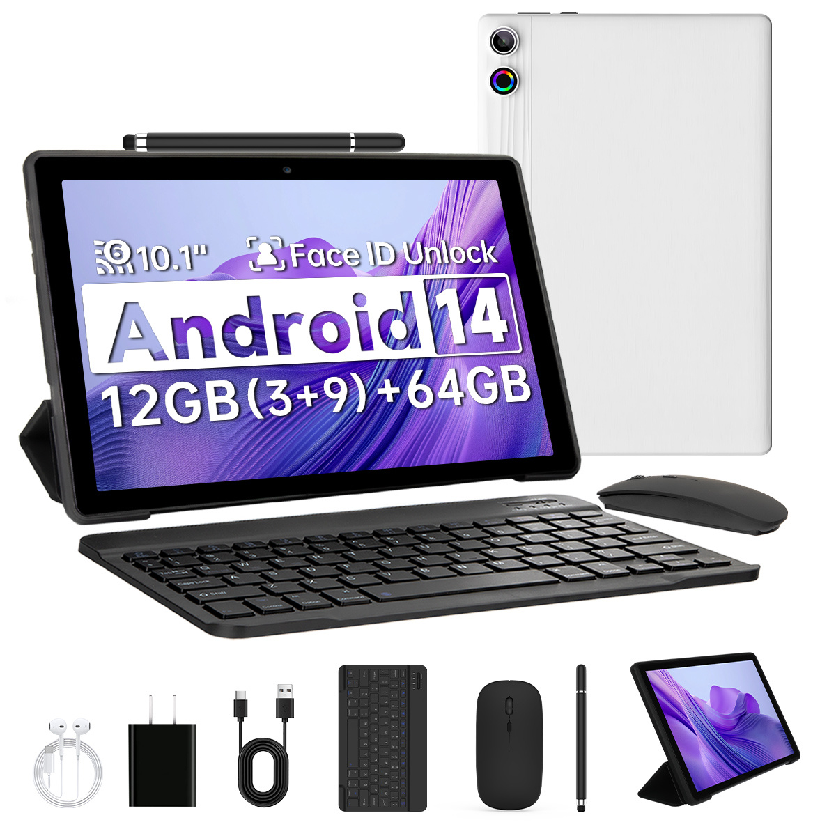 AEEZO Android 14 Tablet with Face Unlock, 10.1 Inch HD Display, Octa-Core Processor, 12GB RAM, 64GB ROM, 1TB Expandable Storage, 5000mAh Battery, 5MP+8MP Cameras, Includes Headphones, Wireless Mouse, Keyboard, Stylus, and Case christmas gifts - Image 8