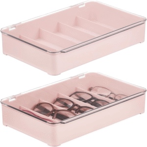 Plastic Stackable Eyeglass Case with Hinged Lid, 5 Sections, 2 Pack, Light Pink for Various Glasses Unisex Sunglasses, Reading Glasses, Fashion Eye Wear, Protective Glasses, Ligne Collection