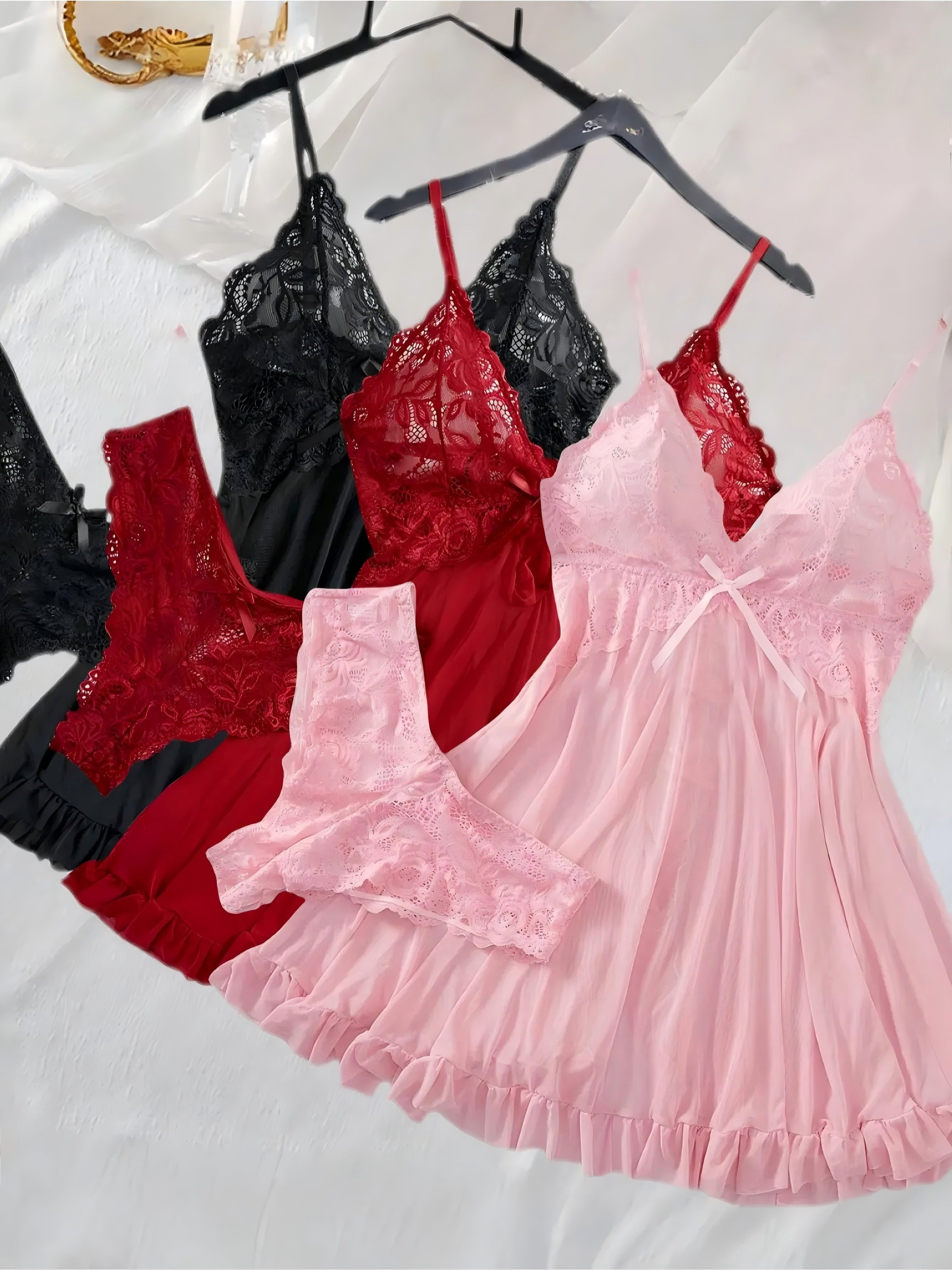 3 Sets V-Neck Sexy Contrast Lace Mesh Chemise Babydoll Naughty Lingerie Set Sleepdress, All-Season Polyester Slip Dress Nightwear Skimpy Clothes, Soft and Comfortable Nightgown Lingerie for Women, Birthday Gift Christmas Gifts New Year's Gift for Women, Romantic Evenings Holidays Party Anniversay Dating Valentine's Day