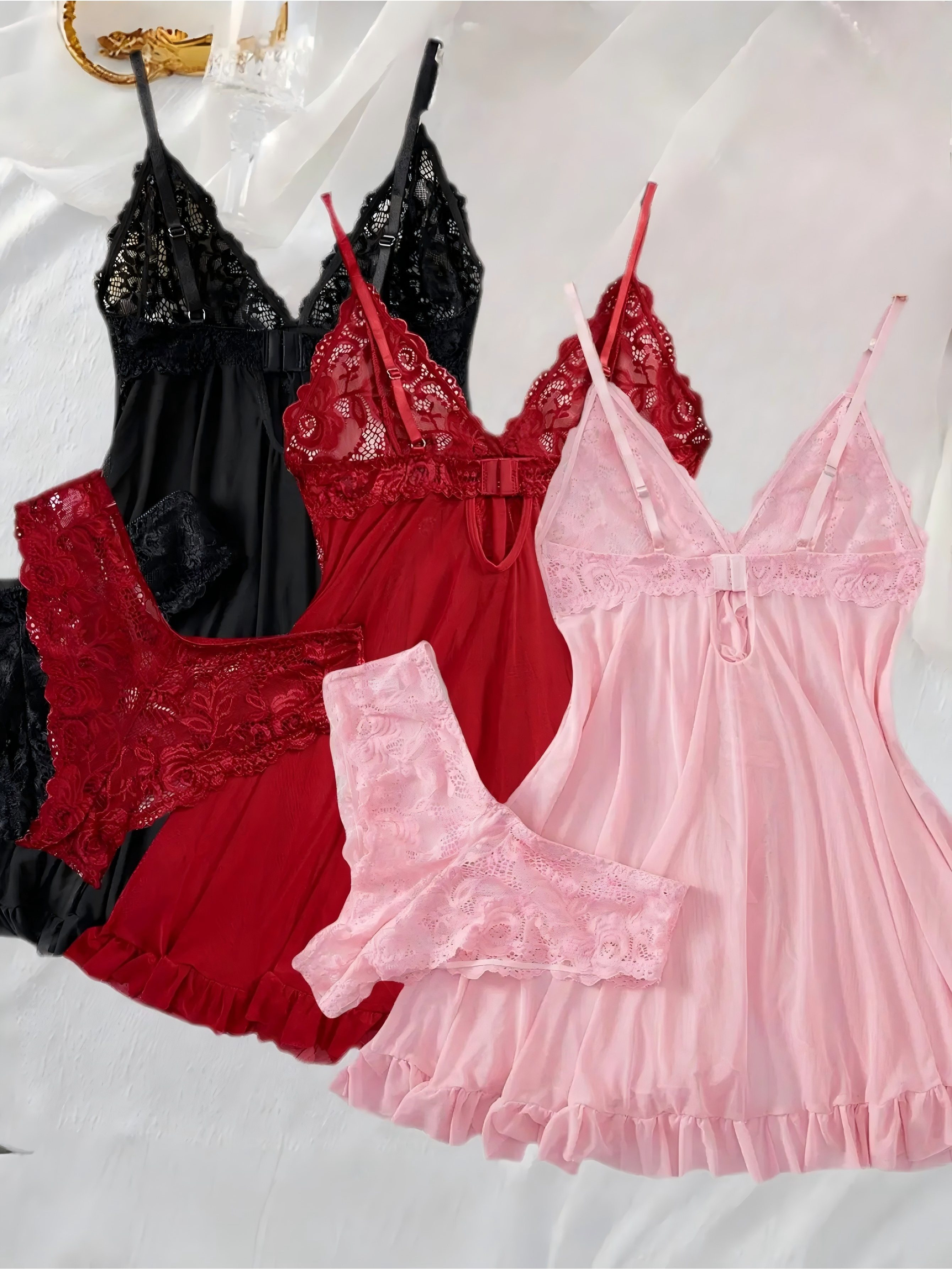 3 Sets V-Neck Sexy Contrast Lace Mesh Chemise Babydoll Naughty Lingerie Set Sleepdress, All-Season Polyester Slip Dress Nightwear Skimpy Clothes, Soft and Comfortable Nightgown Lingerie for Women, Birthday Gift Christmas Gifts New Year's Gift for Women, Romantic Evenings Holidays Party Anniversay Dating Valentine's Day - Image 2