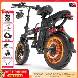 M1 Electric Bike For Adults,35 Miles Range,700W peak motor,20MPH Speed, 48V 20Ah Removable Battery, Dual Disc Brakes, Front And Rear Suspension & Commuter EBike, 14'' all-purpose tire, LCD Mileage Display, 330lbs Capacity - suitable for Last-Mile Commuter & College Campus Ebike, Daily Commute ebike