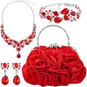 4 Pcs Flower Clutch Jewelry Set Rose Clutch Handbags with Detachable Strap Detachable Necklace Earrings Bracelets for Wedding Party Prom Valentine Gift