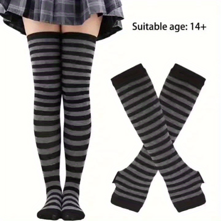 Striped Knee-High Socks with Knit Sleeves and Fingerless Gloves | Polyester and Polyamide, Ideal for Vacation and Party Outfits, Hand Wash Only, For Teenager - Image 12