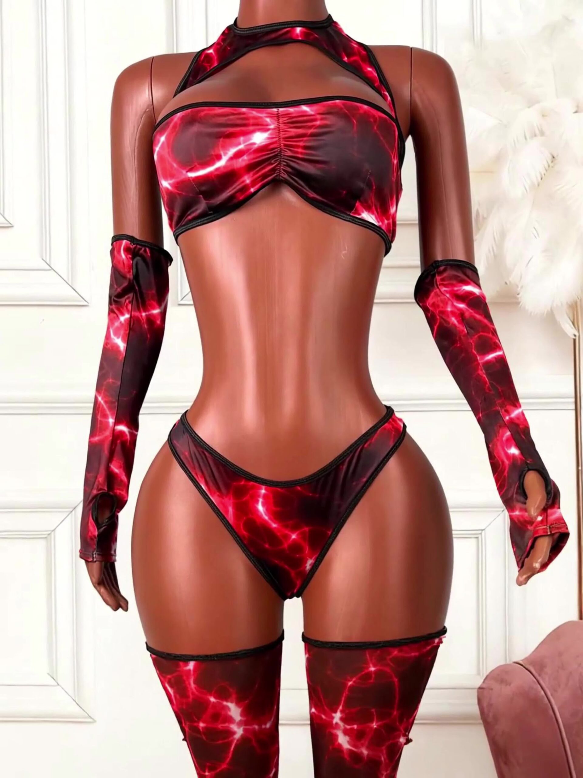 Lightning Pattern Hollow-Out Halter Neck Women'S Wild Sexy Lingerie Set (Bra + Pants + Sleeves + Leggings) - Adult Novelty Outfit with Random Print, Mature Style, Hollow-Out Design, Adult Novelty Wear|Wild Sexy Style|Hollow-Out Design - Image 7