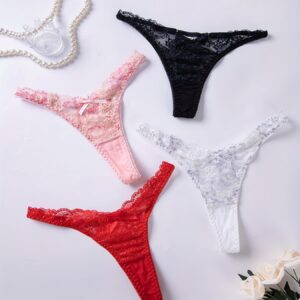 4pcs Solid Floral Lace Thongs, Bow Knot Intimates Panties, Women'S Sexy Lingerie & Underwear