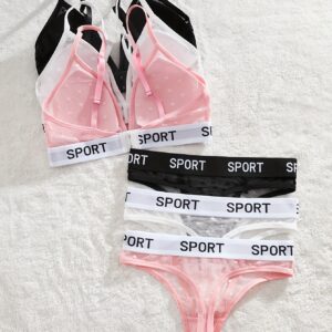 3 Sets Letter Print Wireless Bra & Mesh Thong Lingerie Set - Soft, Breathable, Comfortable, and Sexy - Women's Lingerie & Underwear for Everyday Wear