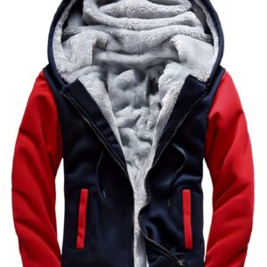 Casual Warm Fleece Hooded Jacket - Men's Color Block Coat For Fall Winter