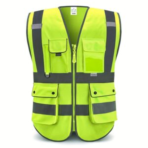 Reflective Safety Vest] High-Visibility Reflective Safety Vest for Men & Women - Durable Polyester, 8-Pocket Design, Adjustable Straps, Zippered Pockets, Ideal for Construction & Industrial Use, Construction Safety Gear, Functional Fashion, Secure Zipper Pockets