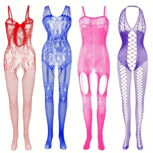 4 sets Sexy Fishnet Bodystocking with Open Crotch and Jacquard Design - Women's Lingerie and Underwear