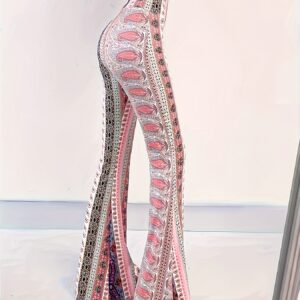 Elegant Fall/Winter Floral Paisley Bell Bottoms - Sexy Flare Leg, Mid Elastic, Long Length Knit Fabric, Easy Care