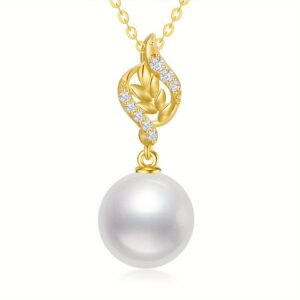 10k Golden Natural- Leaf & 9mm Freshwater Freshwater Pearls Necklace for Women, 16-18 Inch Elegant Jewelry for Daily Wear, Christmas Gifts & Special Occasions, Seasonal Gift Item, Sophisticated Accessory, Highquality Design