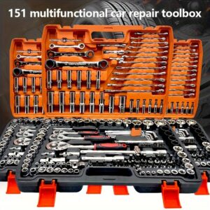 53/82/121/151PCS Heavy Duty Socket Set, (5/16 Inches to 3/4 Inches) And Metric (8 to 22mm) 1/2*1/4 Size, 6-point Design, Including Ratchet Handles, Extension Rods And Joints. Suitable for Automotive, Marine, Motorcycle Maintenance Kits