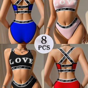 [Sexy Bra Set] 8pcs Women's Sexy Bra Set | Cross-Back Push-Up Bra with Low-Rise Thong, Comfortable Soft Breathable, Contrast Straps, Quick-Dry Underwear Set