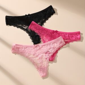 [Lace Thongs | Soft] 3pcs Women's Lace Thongs | Soft, Breathable, Stretchy | Bow Detail, Black, Pink & White, Sexy Comfort for Fall & Winter