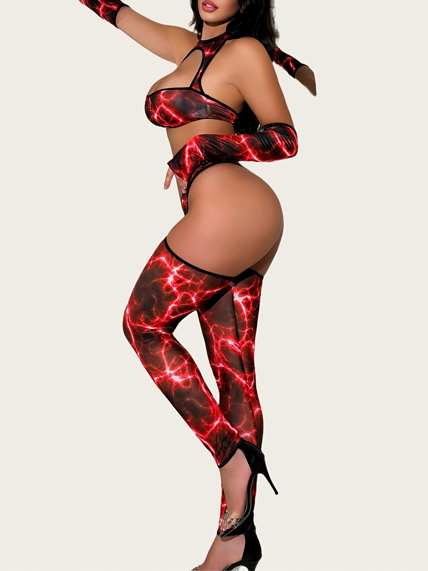 Lightning Pattern Hollow-Out Halter Neck Women'S Wild Sexy Lingerie Set (Bra + Pants + Sleeves + Leggings) - Adult Novelty Outfit with Random Print, Mature Style, Hollow-Out Design, Adult Novelty Wear|Wild Sexy Style|Hollow-Out Design - Image 5