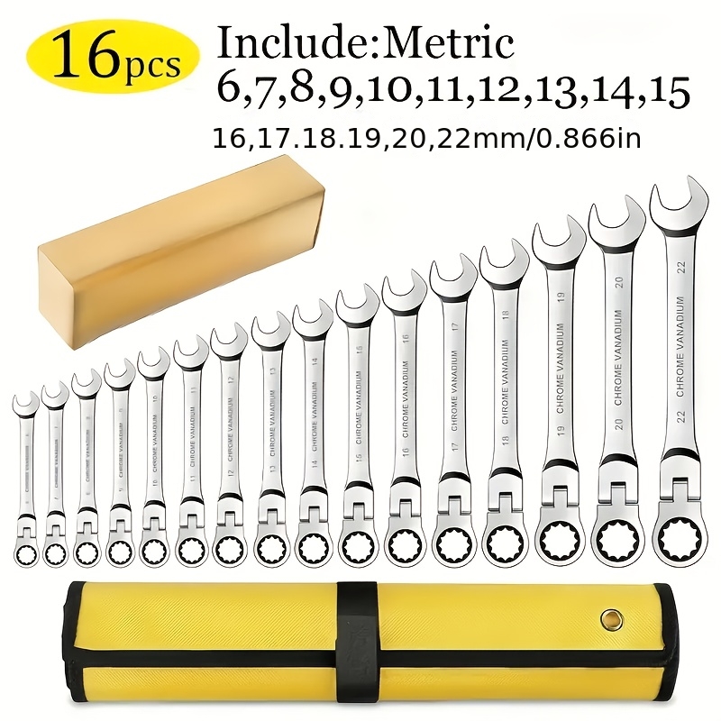 16pcs Adjustable Head Wrench Set: Combo Ends, Cr-V Steel Sockets, Flexible-head 72-tooth Double-ended Ratchets (6-26mm). with Rolling Bag, Ideal for Home/auto/mechanical Use, Daily Use & Gifting-Easy to Store/carry. - Image 2