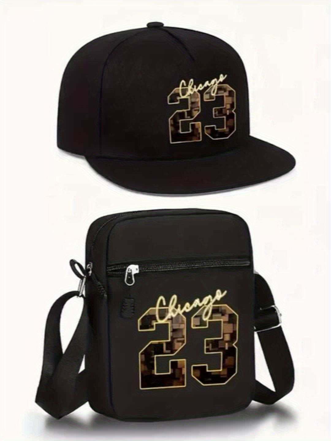 2pcs Chicago 23 Golden Print Baseball Cap & Crossbody Bag Set - Adjustable Snapback Hat with Black Mesh Back, Streetwear Style for Outdoor Sports, Casual Wear - Perfect Gift for Men, Chicago 23 Logo, Mesh Back Hat, Urban Fashion Accessory, Durable Zipper Bag - Image 11