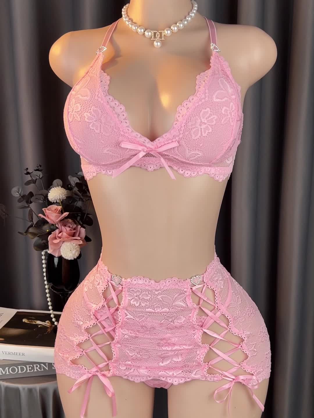 3pcs Lingerie Set, Adjustable Shoulder Bra, Drawstring Mini Skirt And G-String, Bow & Heart Details Lace Intimates, Bridal Sexy Sleepwear Party Valentine Surprise Gift for Her - Image 6