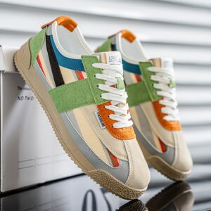 [Men's Low-Top Sneakers] zhenyuezu Men's Low-Top Sneakers - Multicolor Striped & Beige/Grey Casual Shoes, Breathable Fabric Upper & Cushioned PVC Sole, All-Season Lace-Up for, Training, Outdoor - Beige/White/Lime Green/Black (Round Toe)