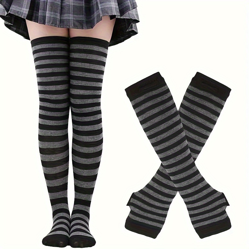 Striped Knee-High Socks with Knit Sleeves and Fingerless Gloves | Polyester and Polyamide, Ideal for Vacation and Party Outfits, Hand Wash Only, For Teenager - Image 2