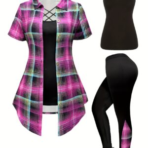 Elegant 3-Piece Set - Plus Size Fashion Printed Polyester Blend - Round Neck, Stretch Knit Fabric, Plaid Pattern with Cross Straps, Casual Outfit