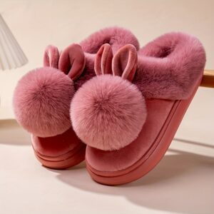 2025 New Autumn & Winter Single Ball Rabbit-Ear Design Warm Slippers for Men & Women - Couples' House Shoes with Thick Sole & Semi-Enclosed Back | Indoor/Outdoor Slides | Lightweight & Quiet Home Footwear | Cozy Solid-Color Pair, Best for Christma
