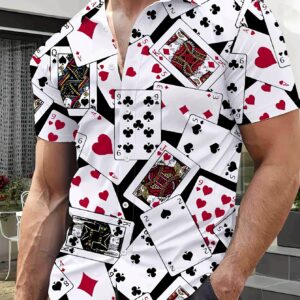 [3D Print Casual Shirt] Men's Casual Short Sleeve Shirt - 3D Playing Card Print (Hearts/Spades/Diamonds) | Lightweight Breathable Fabric | Machine Washable | Regular Fit for Spring/Fall Outdoor & Casual Wear