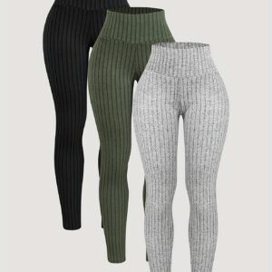 Set of 3 Women'S Solid Color Ribbed Leggings for Yoga And Running, a Three-Piece Set of Casual Leggings for Women