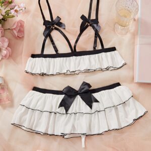 Y929 Sexy Hollow Net Lace Bowknot Sexy Lingerie Skirt and Pants Set