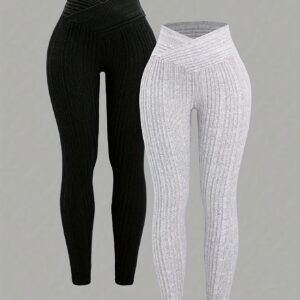 2pcs Women'S High-Waisted Stretch Leggings - Soft Light Beige-Friendly Fabric, All-Season Cross-Back Design, Solid Color, Casual Style, Comfortable & Stylish, Comfortable Clothing | Highwaisted Leggings | Soft Fabric Leggings