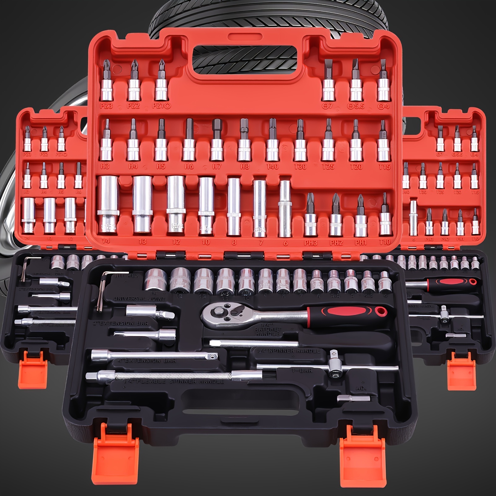 53/82/121/151PCS Heavy Duty Socket Set, (5/16 Inches to 3/4 Inches) And Metric (8 to 22mm) 1/2*1/4 Size, 6-point Design, Including Ratchet Handles, Extension Rods And Joints. Suitable for Automotive, Marine, Motorcycle Maintenance Kits - Image 10