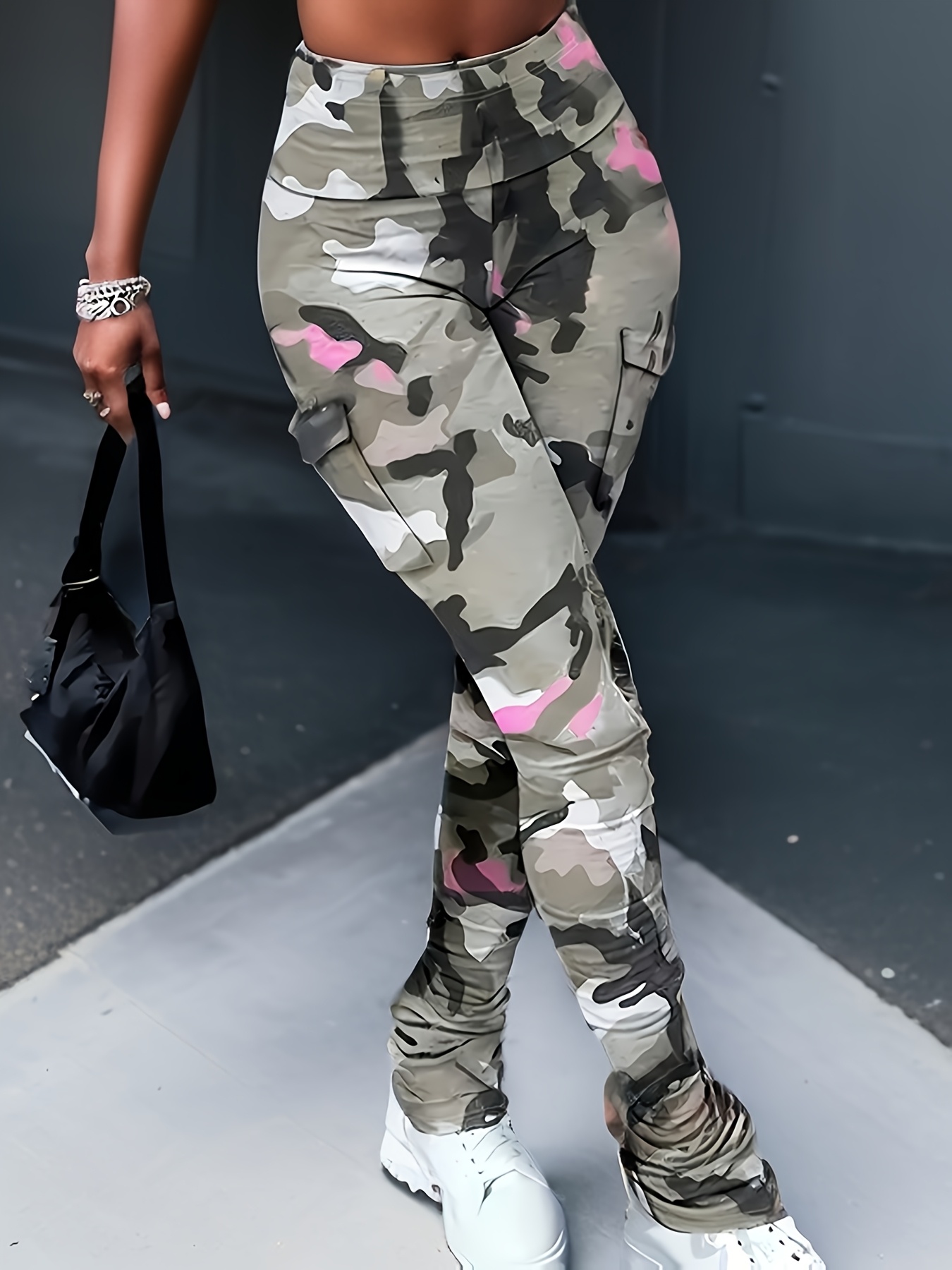 Camouflage Women'S Casual Fitted Pocket Cargo Flared Pants And Slouchy Trousers.