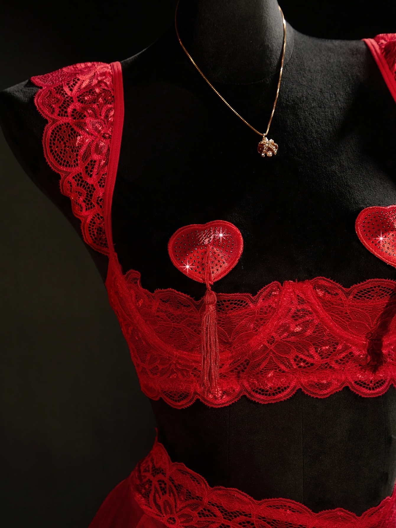 4pcs Sheer Mesh Lingerie Set with Heart Tassel Pasties | Seductive Date Night Intimate Wear, Medium Support, Drop Waist, Solid Color, Perfect for Adults, by - Image 4