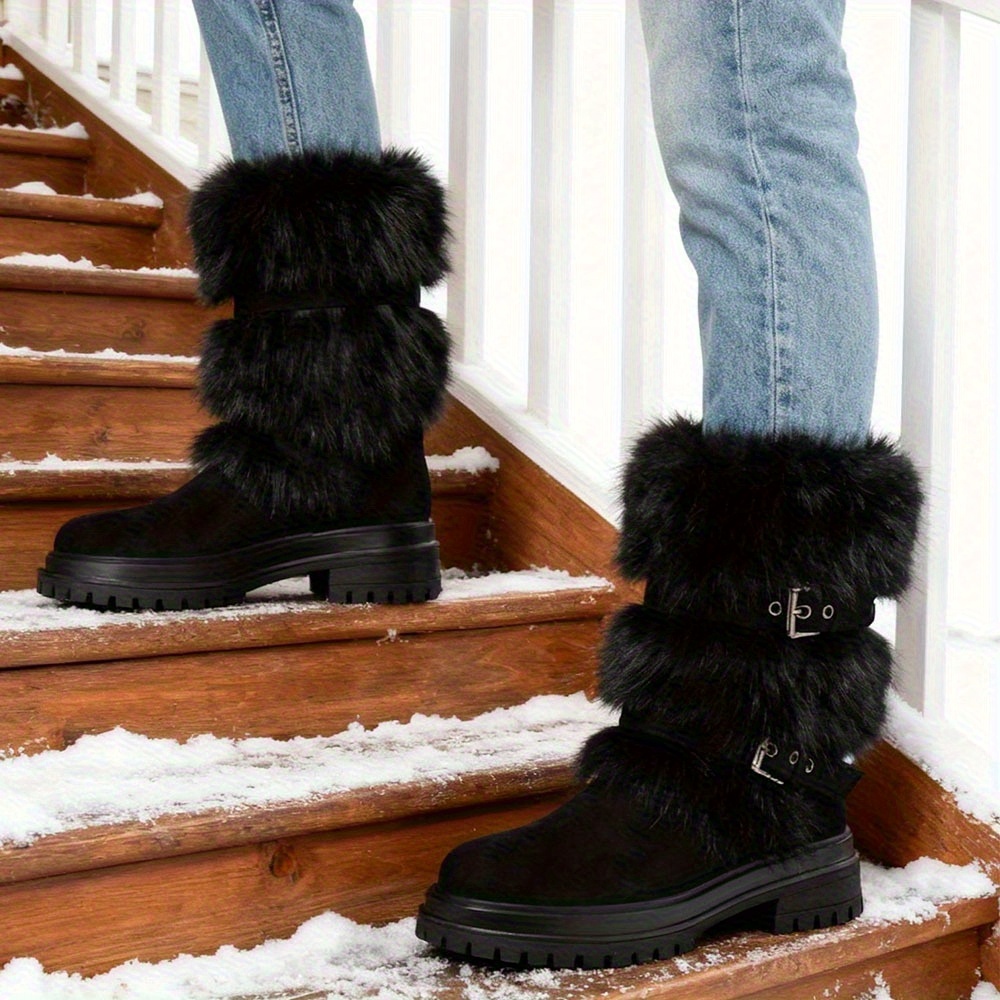 faux fur Mid-Calf Snow Boots for Women | Round Toe Platform Heel, Non-slip Pull On, Warm Shoes with Buckle Decor, Fluffy Furry, Comfortable Fashion Luxury Outfit, Outdoor Winter Booties Woman - Image 3