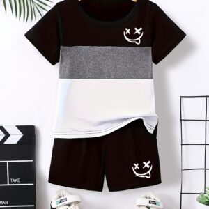 [Summer Fashion Shorts] Summer Fashion Color Block Series Shorts Set, TZ4418 Creative Pattern Print Youngsters's Cute Short Sleeve T-shirt and Shorts Casual Suit | Perfect for Outdoor