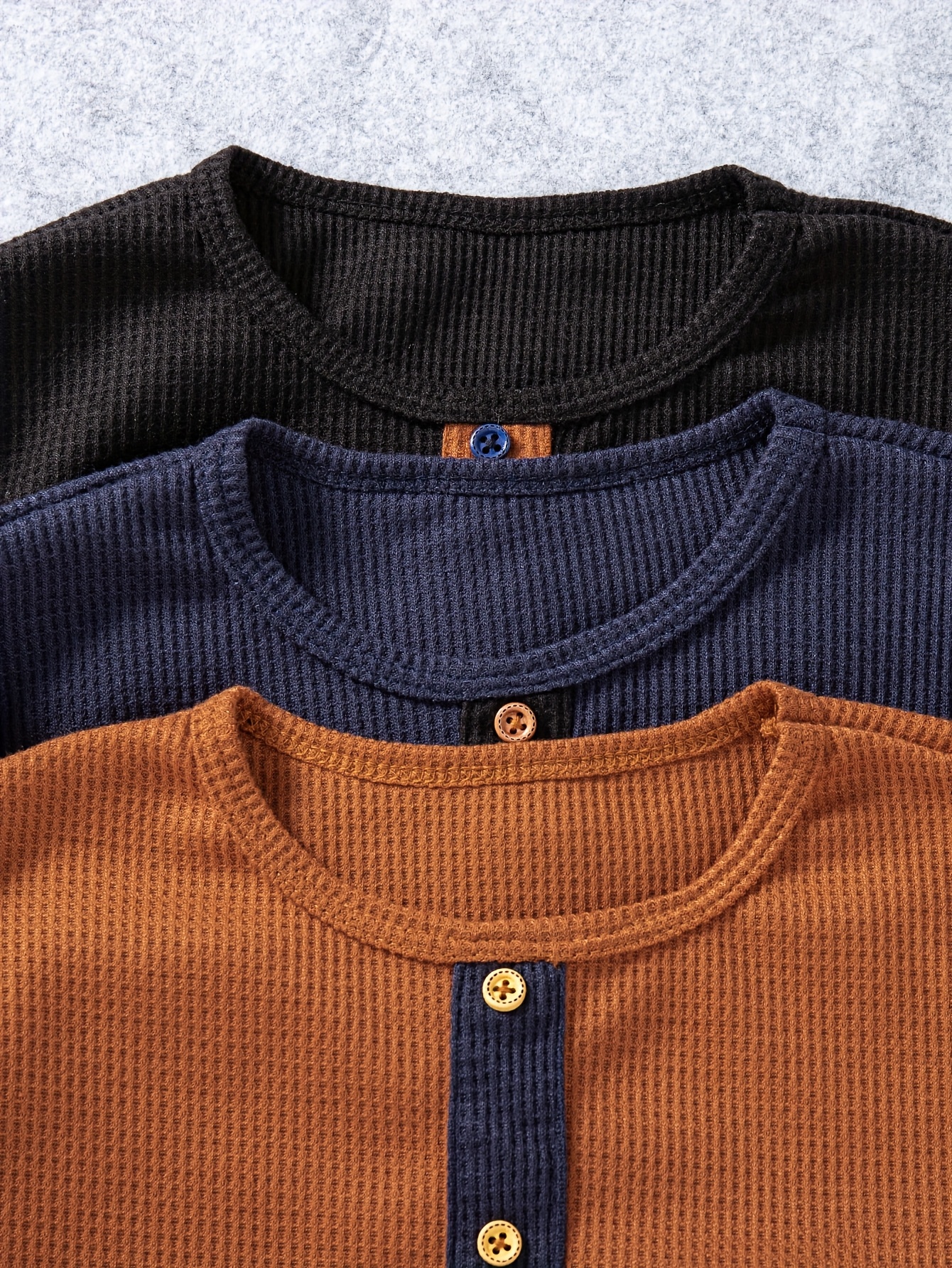 3pcs boys' solid color knitted plaid soft and comfortable long sleeved round neck top, boys' fashionable contrasting color placket button decoration long sleeved pullover - casual round neck, soft polyester blend, suitable for spring and autumn - Image 3