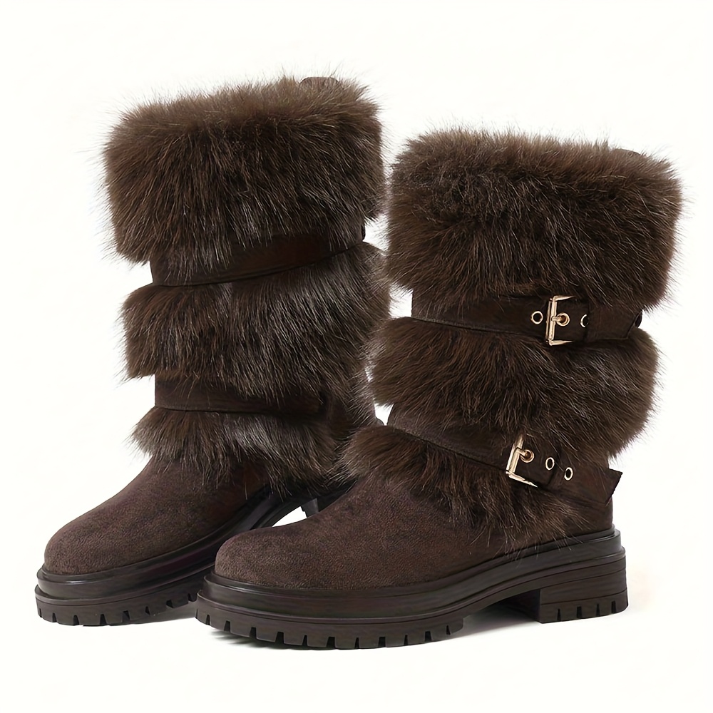 faux fur Mid-Calf Snow Boots for Women | Round Toe Platform Heel, Non-slip Pull On, Warm Shoes with Buckle Decor, Fluffy Furry, Comfortable Fashion Luxury Outfit, Outdoor Winter Booties Woman - Image 5