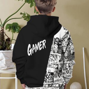 [Boys' Hoodie] Boys' Hoodie - Black/White Contrast Gamer Graphic Sweater, Machine Washable Long Sleeve Pullover for Everyday & Formal Events, Spring/Fall Casual Clothing for Kids, Teen Sweaters, Youth Event Attire, Trendy Youth Fashion, Comfortable Knit Texture, Spring Fall Outfit, Durable Children's Wear, Kids Fashion