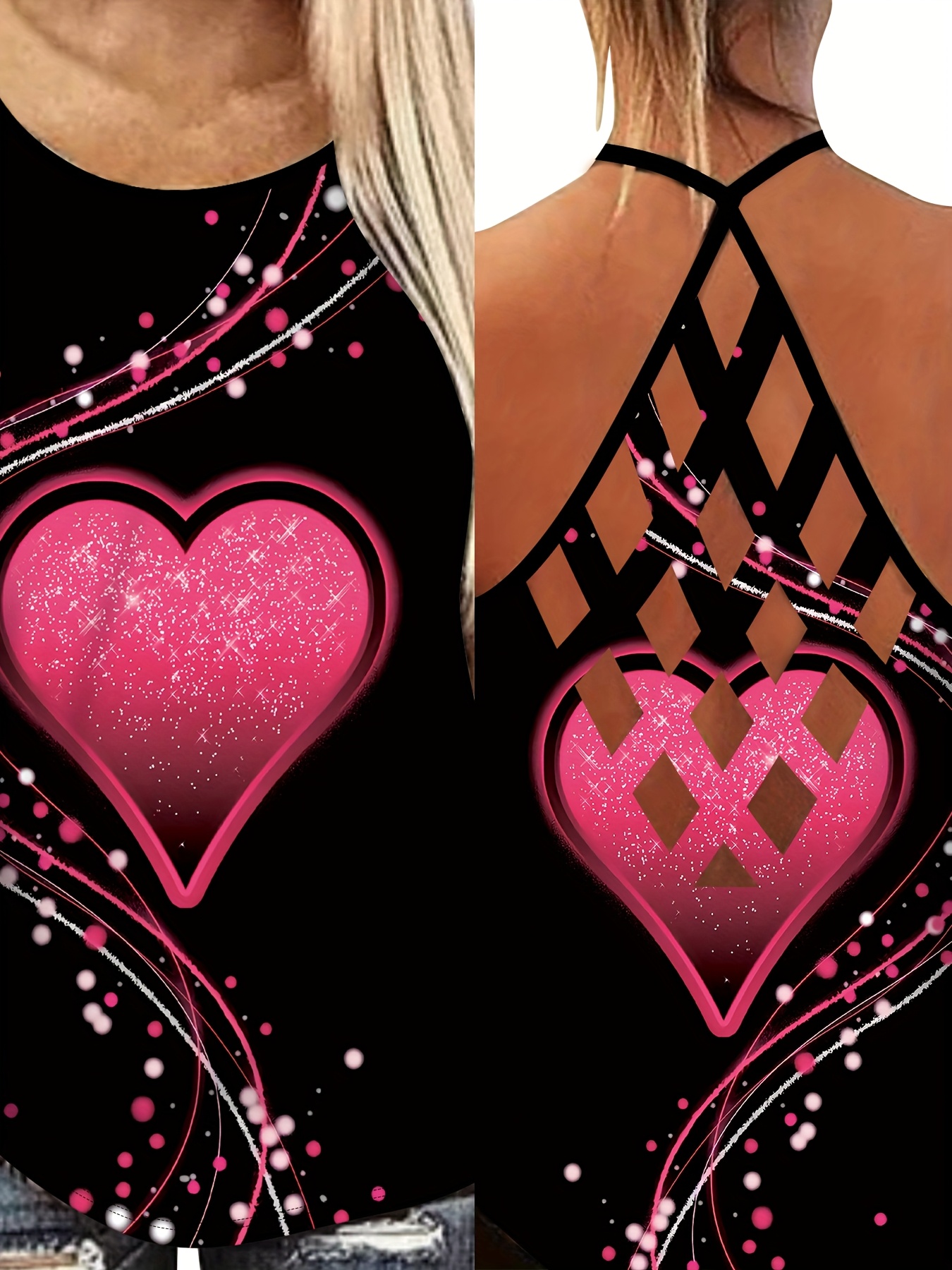 Women'S Plus Size 3D Heart Print Halter Top - Backless Spaghetti Strap, Glitter…