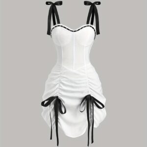 Vintage Color-block Bow Elegant Dress, Strappy Niche Sexy Dress, Sweet-spicy Style, Waist-cinching Pleated Miniskirt, High-end Birthday Party Dress with Ruffles and Flounces, Romantic Mini Dress, Babydoll Dress, Y2K Heart-shaped Neckline with Bow Tie